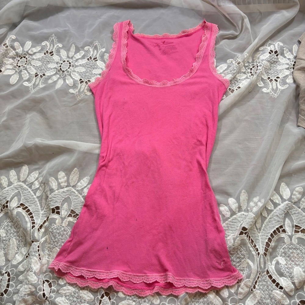 Y2K American Eagle Outfitters Pink Ribbed Lace Trim Tank Top Small Scoop Neck